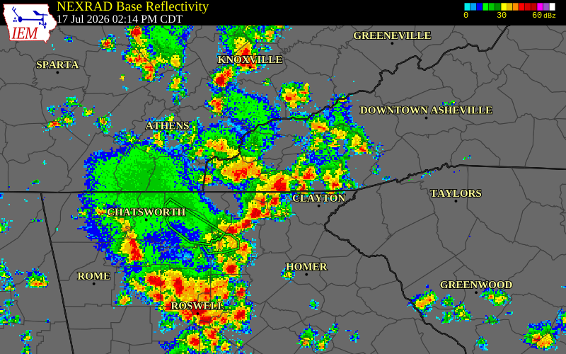 NEXRAD radar during the Friday, July 17, 2026 storm activity in Clay County, North Carolina