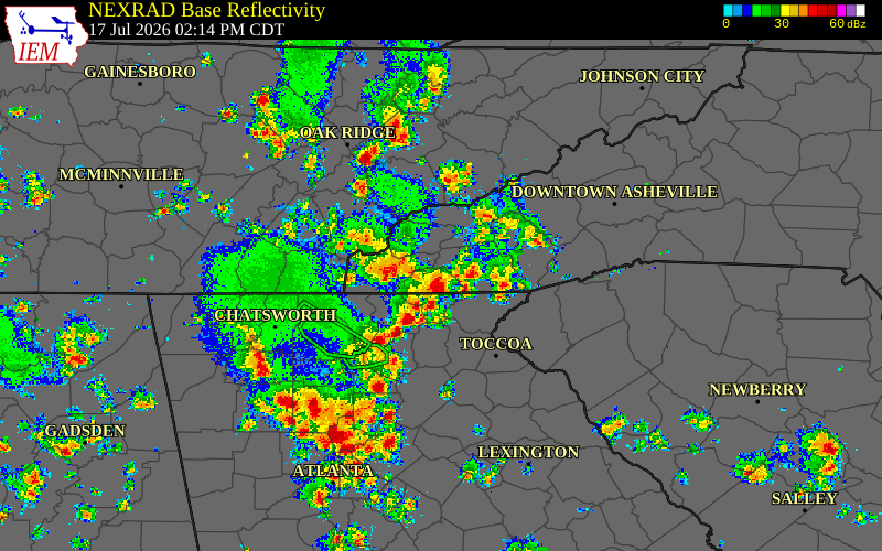Radar snapshot during the Jul 17, 2026 wind event near Clay County, Clay County, North Carolina, with NWS warning polygons