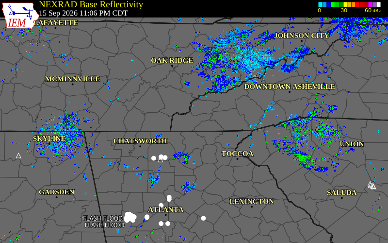 Current NEXRAD radar over Clay County, North Carolina with recent storm report locations