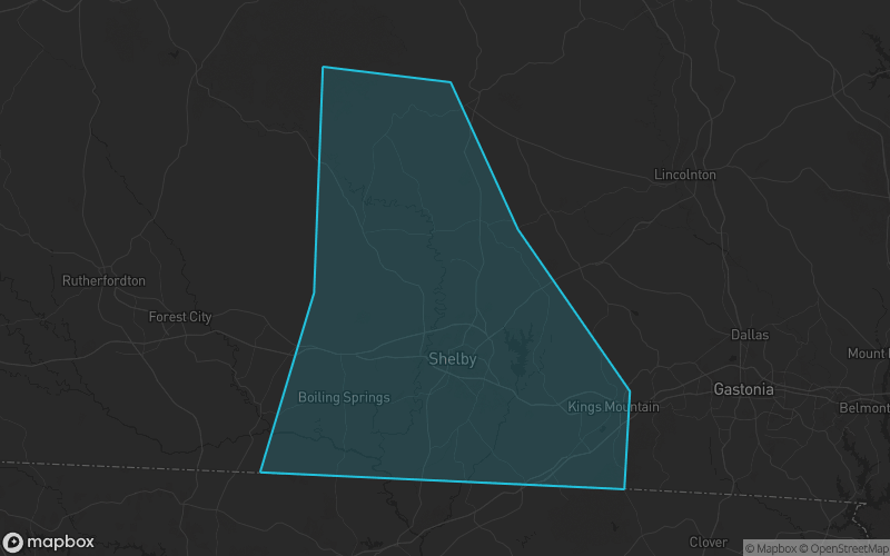 Map of Cleveland County, North Carolina showing the county boundary and surrounding cities