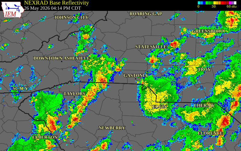 NEXRAD radar during the Tuesday, May 26, 2026 storm activity in Cleveland County, North Carolina
