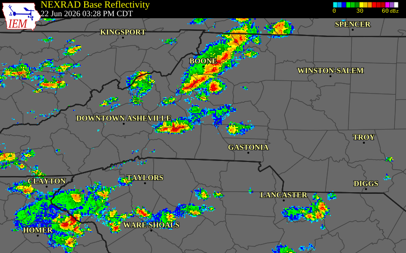 NEXRAD radar during the Monday, June 22, 2026 storm activity in Cleveland County, North Carolina