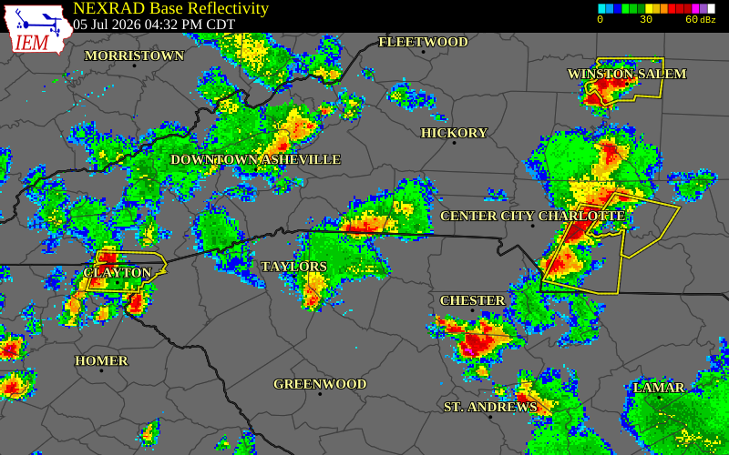 NEXRAD radar during the Sunday, July 5, 2026 storm activity in Cleveland County, North Carolina