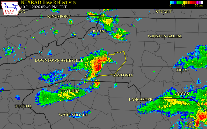 NEXRAD radar during the Friday, July 10, 2026 storm activity in Cleveland County, North Carolina