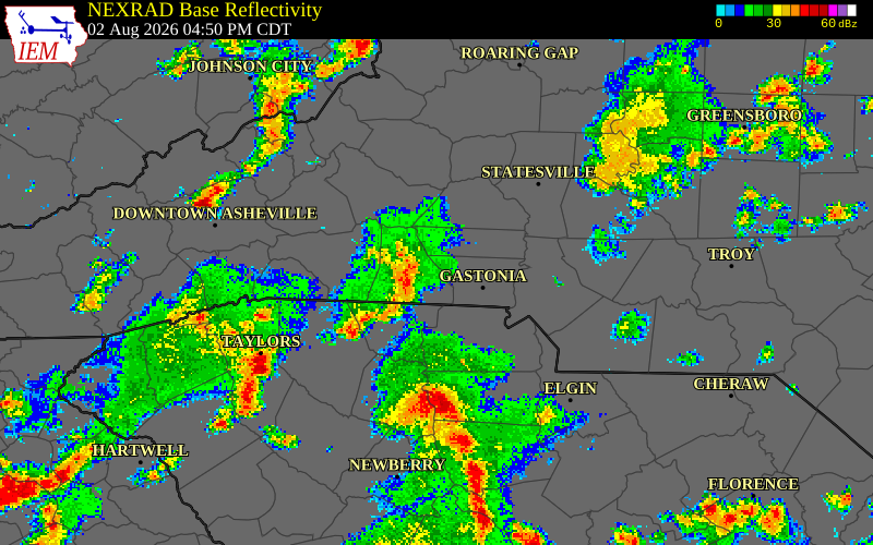 NEXRAD radar during the Sunday, August 2, 2026 storm activity in Cleveland County, North Carolina