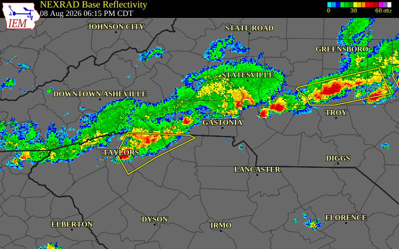 NEXRAD radar during the Saturday, August 8, 2026 storm activity in Cleveland County, North Carolina