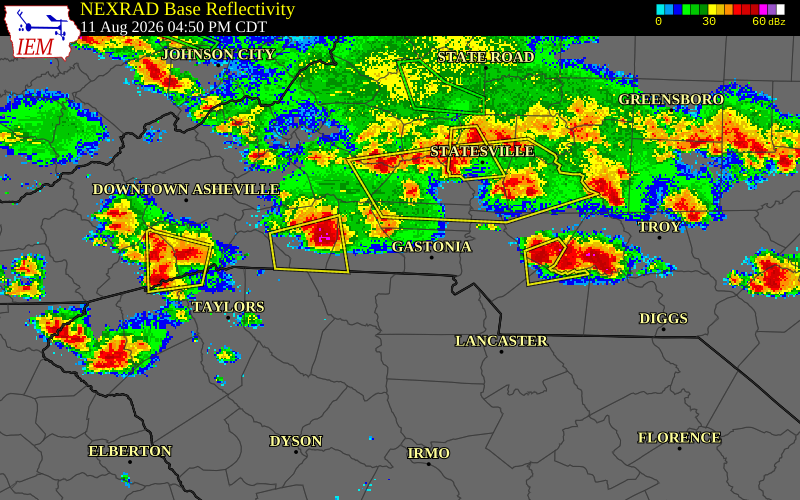 NEXRAD radar during the Tuesday, August 11, 2026 storm activity in Cleveland County, North Carolina