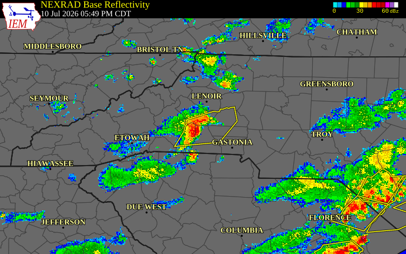 Radar snapshot during the Jul 10, 2026 tornado event near 3 NNE Casar, Cleveland County, North Carolina, with NWS warning polygons