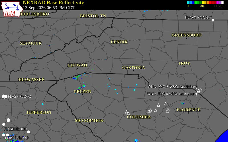 Current NEXRAD radar over Cleveland County, North Carolina with recent storm report locations