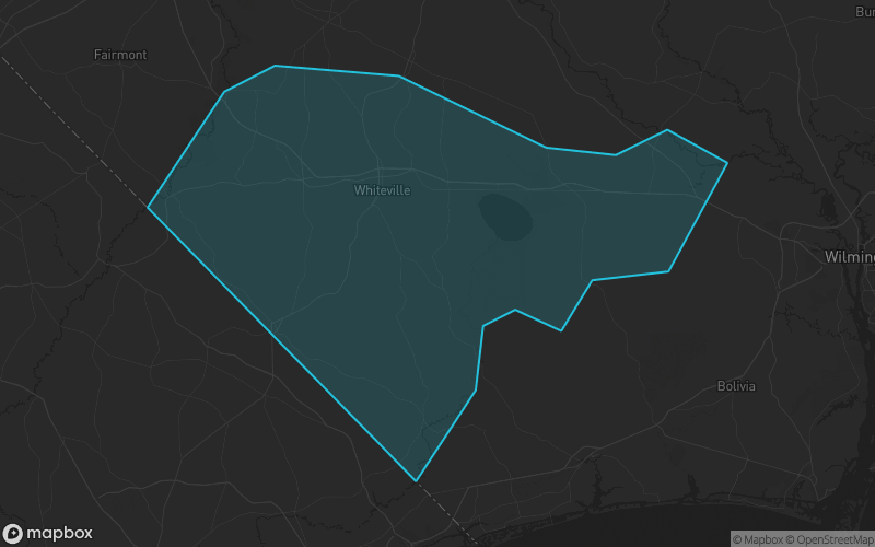 Map of Columbus County, North Carolina showing the county boundary and surrounding cities