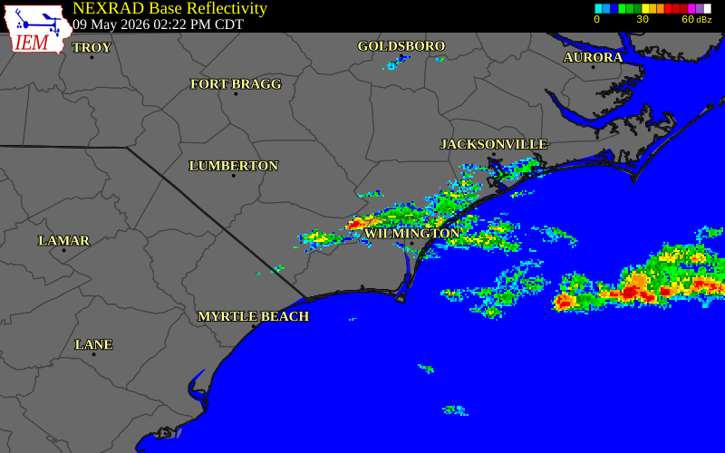 NEXRAD radar during the Saturday, May 9, 2026 storm activity in Columbus County, North Carolina