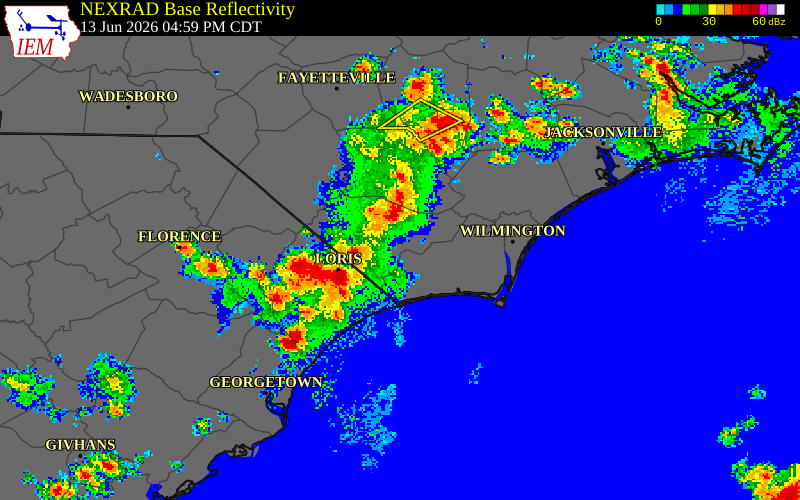 NEXRAD radar during the Saturday, June 13, 2026 storm activity in Columbus County, North Carolina