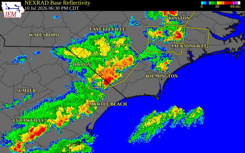 NEXRAD radar during the Friday, July 10, 2026 storm activity in Columbus County, North Carolina