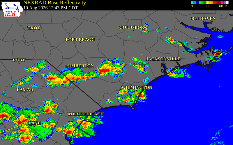 NEXRAD radar during the Monday, August 10, 2026 storm activity in Columbus County, North Carolina