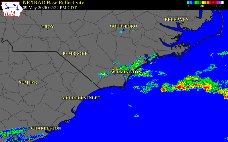 Radar snapshot during the May 9, 2026 tornado event near Delco, Columbus County, North Carolina, with NWS warning polygons