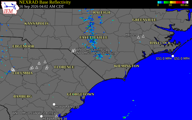 Current NEXRAD radar over Columbus County, North Carolina with recent storm report locations