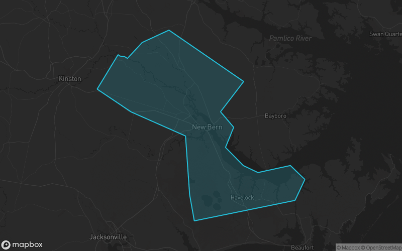 Map of Craven County, North Carolina showing the county boundary and surrounding cities