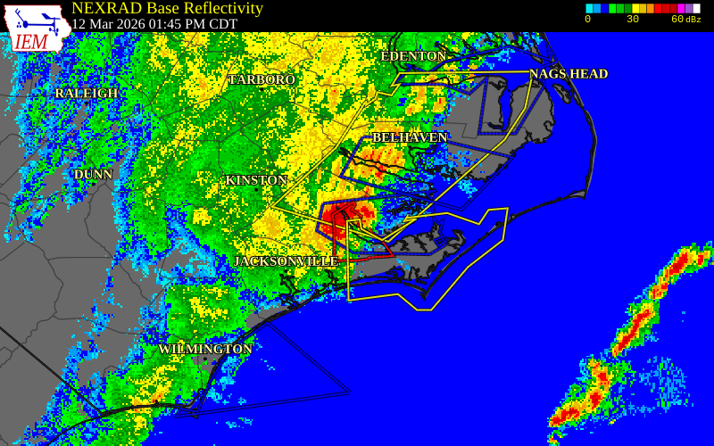 NEXRAD radar during the Thursday, March 12, 2026 storm activity in Craven County, North Carolina
