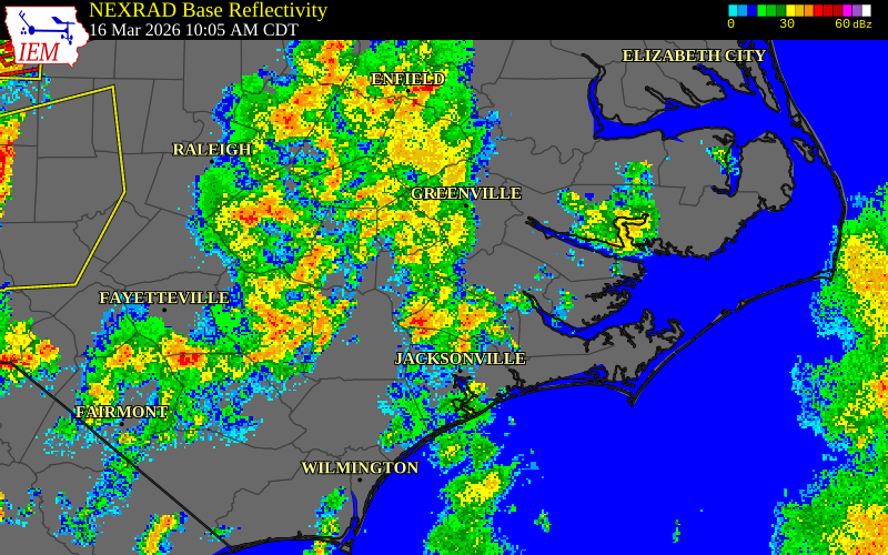 NEXRAD radar during the Monday, March 16, 2026 storm activity in Craven County, North Carolina