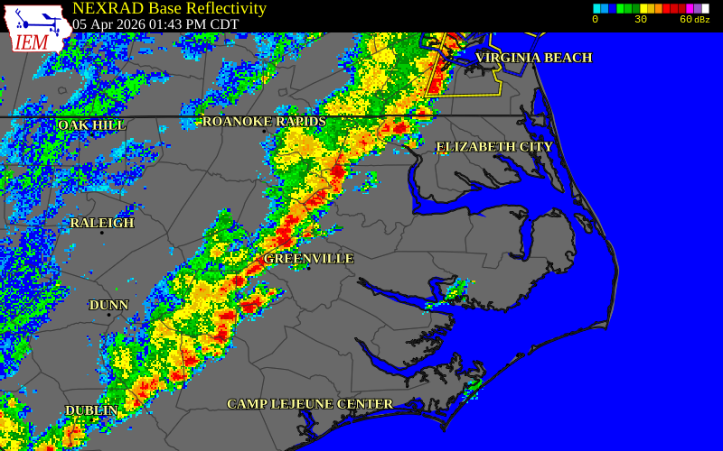NEXRAD radar during the Sunday, April 5, 2026 storm activity in Craven County, North Carolina