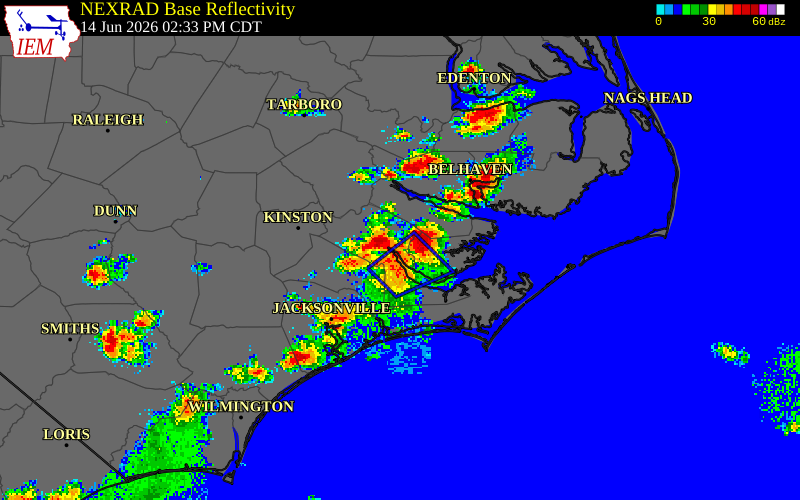 NEXRAD radar during the Sunday, June 14, 2026 storm activity in Craven County, North Carolina