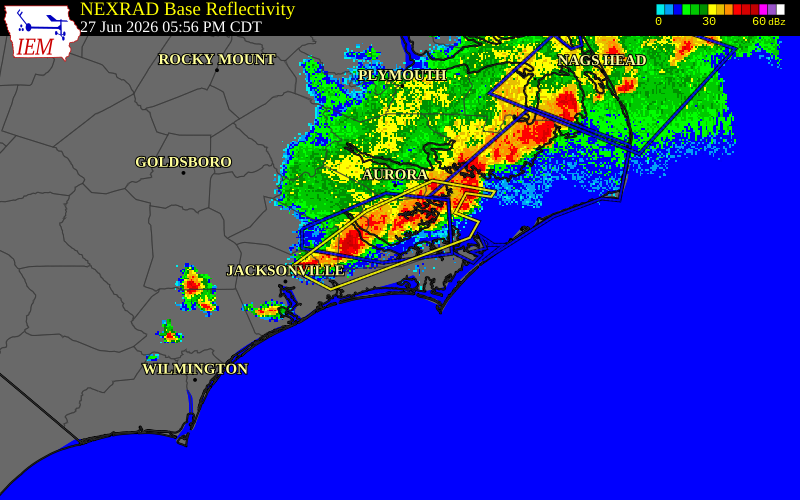 NEXRAD radar during the Saturday, June 27, 2026 storm activity in Craven County, North Carolina