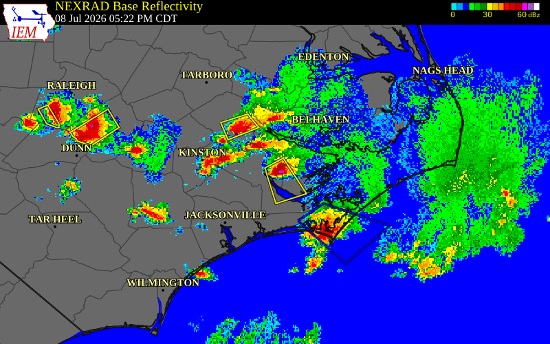 NEXRAD radar during the Wednesday, July 8, 2026 storm activity in Craven County, North Carolina