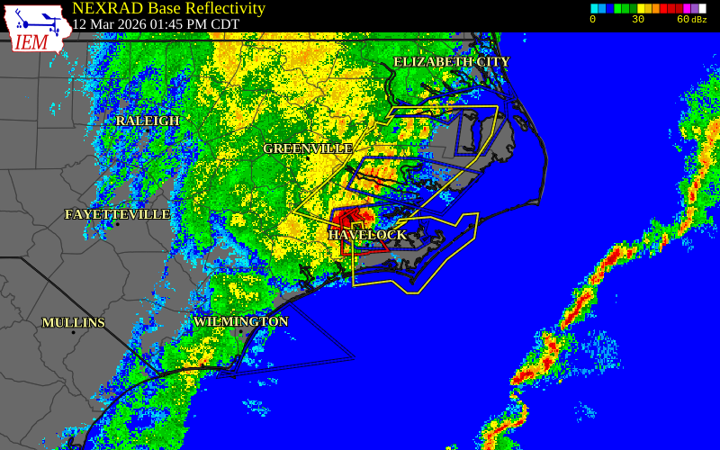 Radar snapshot during the Mar 12, 2026 tornado event near 4 E James City, Craven County, North Carolina, with NWS warning polygons