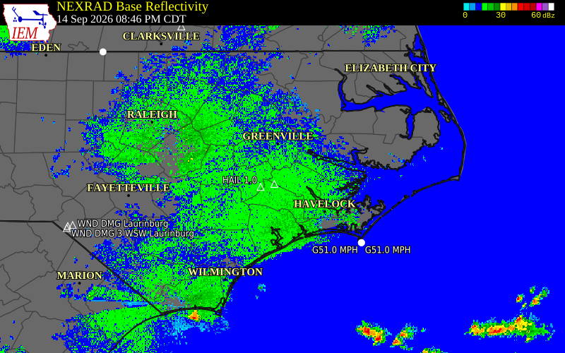 Current NEXRAD radar over Craven County, North Carolina with recent storm report locations