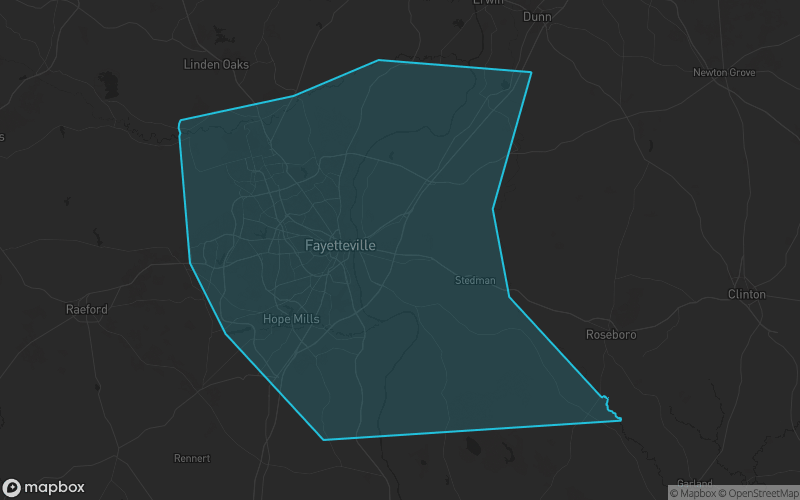 Map of Cumberland County, North Carolina showing the county boundary and surrounding cities