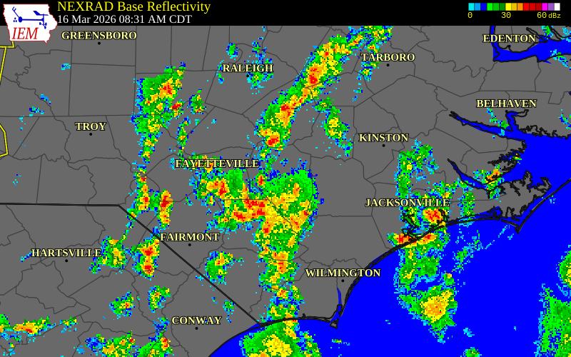 NEXRAD radar during the Monday, March 16, 2026 storm activity in Cumberland County, North Carolina