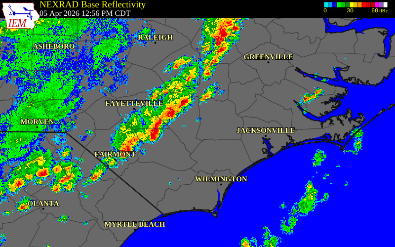 NEXRAD radar during the Sunday, April 5, 2026 storm activity in Cumberland County, North Carolina