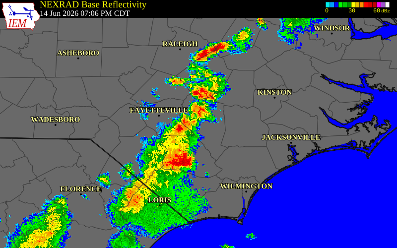 NEXRAD radar during the Sunday, June 14, 2026 storm activity in Cumberland County, North Carolina