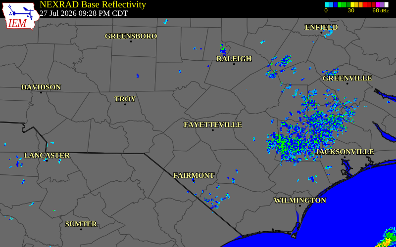 NEXRAD radar during the Monday, July 27, 2026 storm activity in Cumberland County, North Carolina