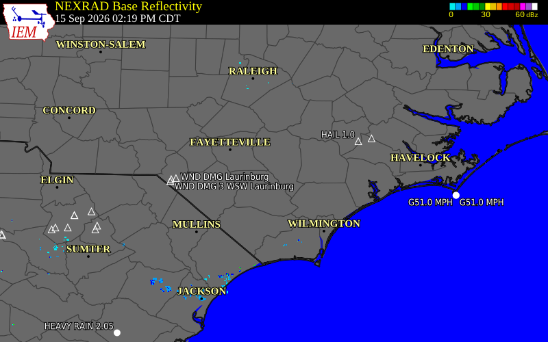 Current NEXRAD radar over Cumberland County, North Carolina with recent storm report locations
