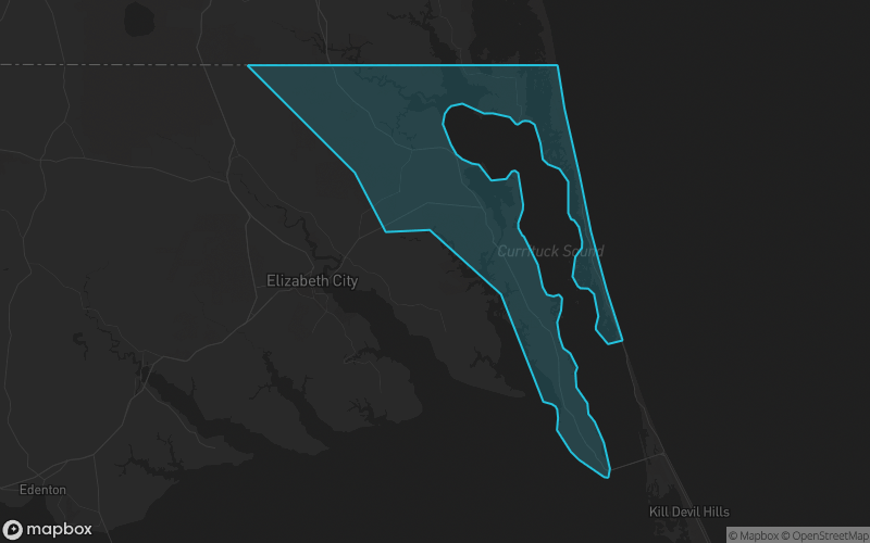 Map of Currituck County, North Carolina showing the county boundary and surrounding cities
