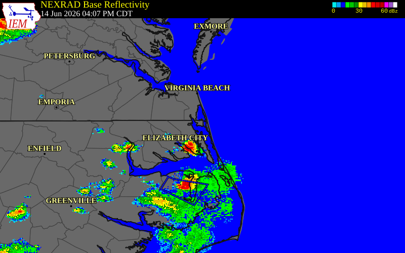 NEXRAD radar during the Sunday, June 14, 2026 storm activity in Currituck County, North Carolina