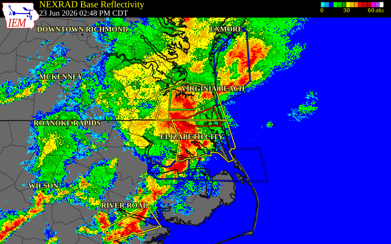 NEXRAD radar during the Tuesday, June 23, 2026 storm activity in Currituck County, North Carolina