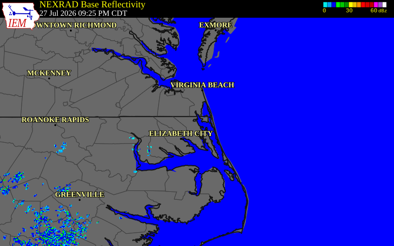 NEXRAD radar during the Monday, July 27, 2026 storm activity in Currituck County, North Carolina