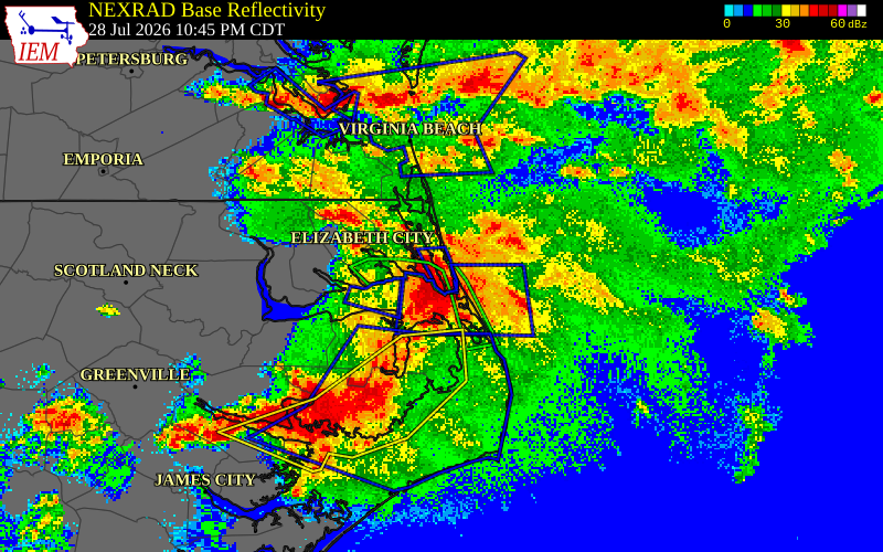 NEXRAD radar during the Tuesday, July 28, 2026 storm activity in Currituck County, North Carolina
