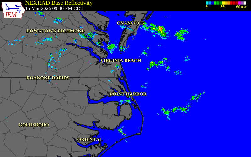 Radar snapshot during the Mar 15, 2026 wind event near 3 E Knotts Island, Currituck County, North Carolina, with NWS warning polygons