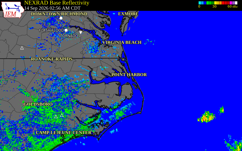 Current NEXRAD radar over Currituck County, North Carolina with recent storm report locations