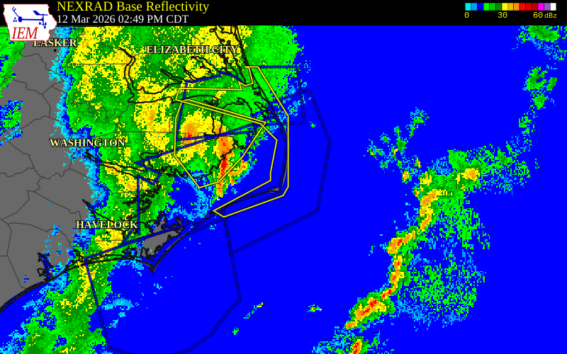 NEXRAD radar during the Thursday, March 12, 2026 storm activity in Dare County, North Carolina
