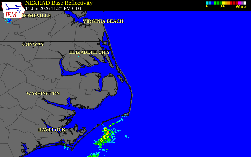 NEXRAD radar during the Friday, June 12, 2026 storm activity in Dare County, North Carolina