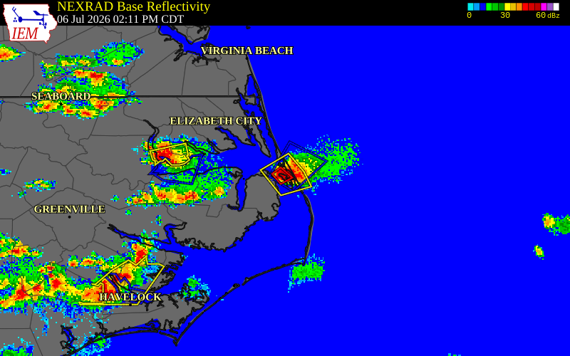 NEXRAD radar during the Monday, July 6, 2026 storm activity in Dare County, North Carolina