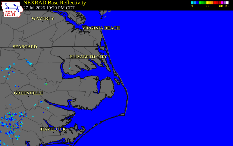 NEXRAD radar during the Monday, July 27, 2026 storm activity in Dare County, North Carolina