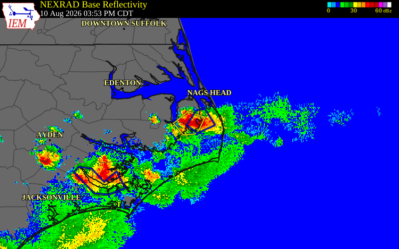 NEXRAD radar during the Monday, August 10, 2026 storm activity in Dare County, North Carolina