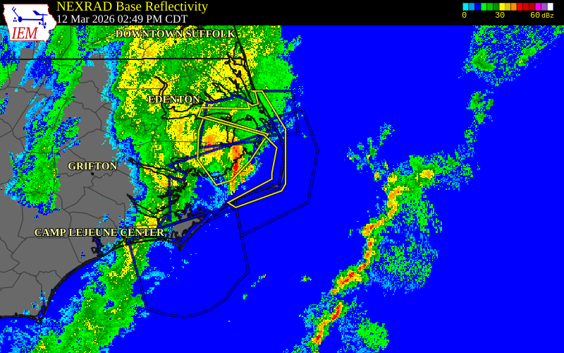 Radar snapshot during the Mar 12, 2026 wind event near Avon Pier, Dare County, North Carolina, with NWS warning polygons