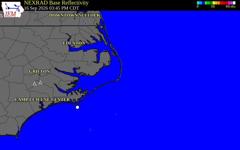 Current NEXRAD radar over Dare County, North Carolina with recent storm report locations