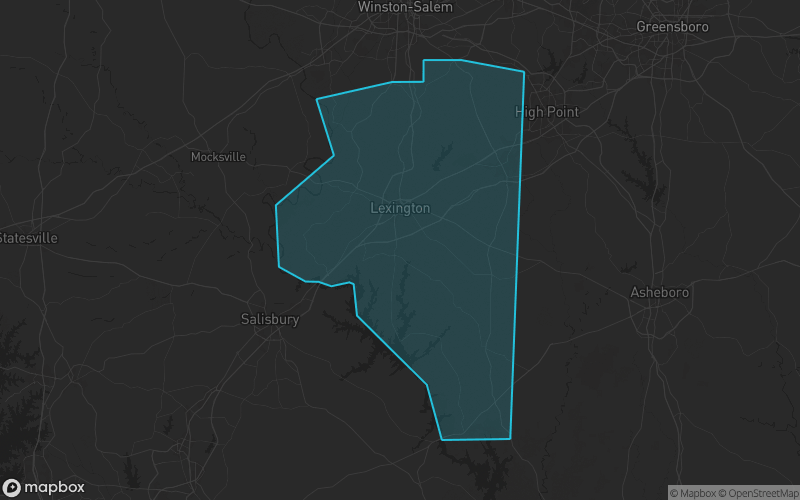 Map of Davidson County, North Carolina showing the county boundary and surrounding cities